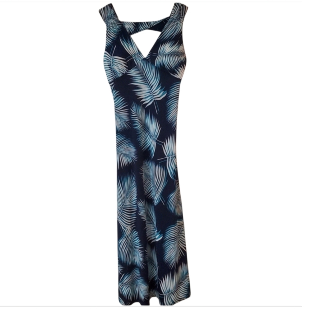 India Boutique Tropical Leaf Print Maxi Dress, One Size, Navy & White